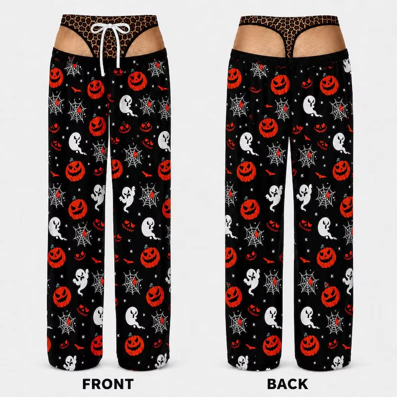 Men's Halloween Ghost Pumpkin Spider Web Leopard Pattern Belt Hip Flip Elastic Design Fun Party Casual Home Clothes Pants