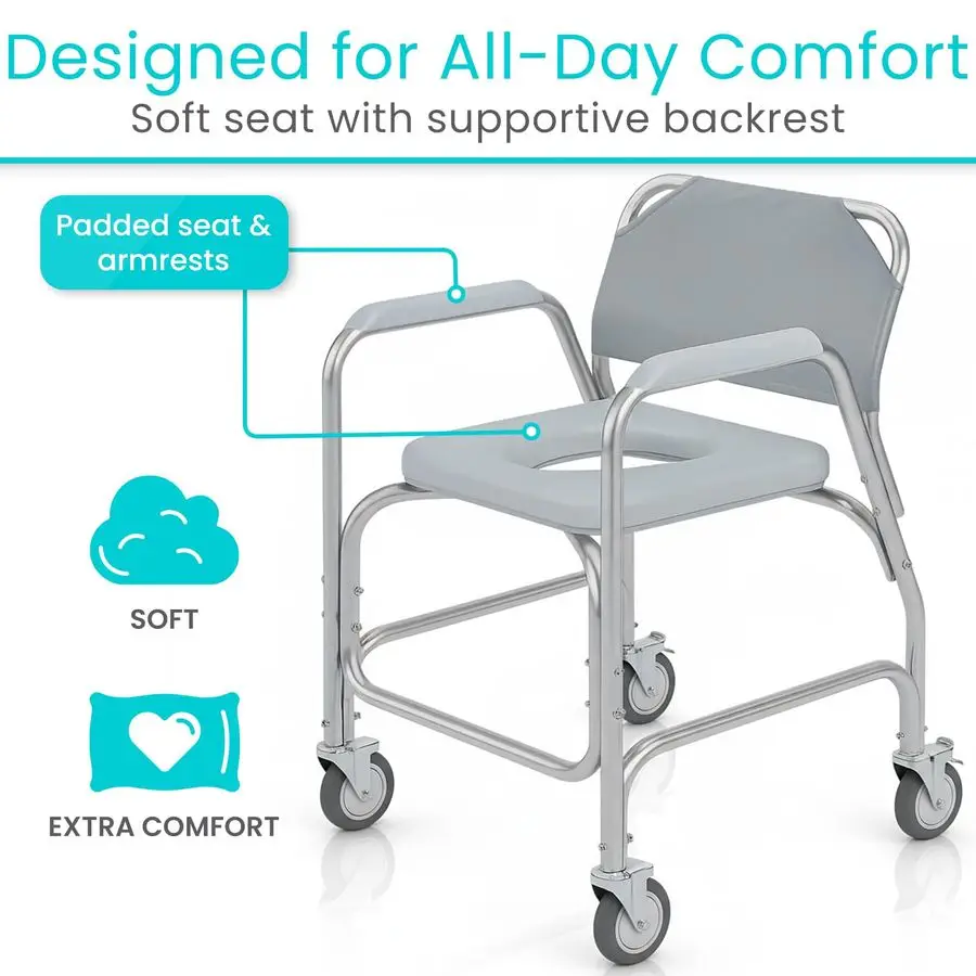 Shower Chair amp Toilet Riser with Wheels Rolling Bathroom Seat for Elderly, Disabled, Handicapped Adjustable Senior Raised Bath