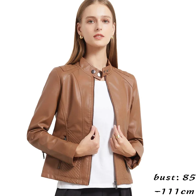 

high quality short leather jacket for women long sleeve slim motorcycle jacket new 2023 autumn elegant clothing black brown