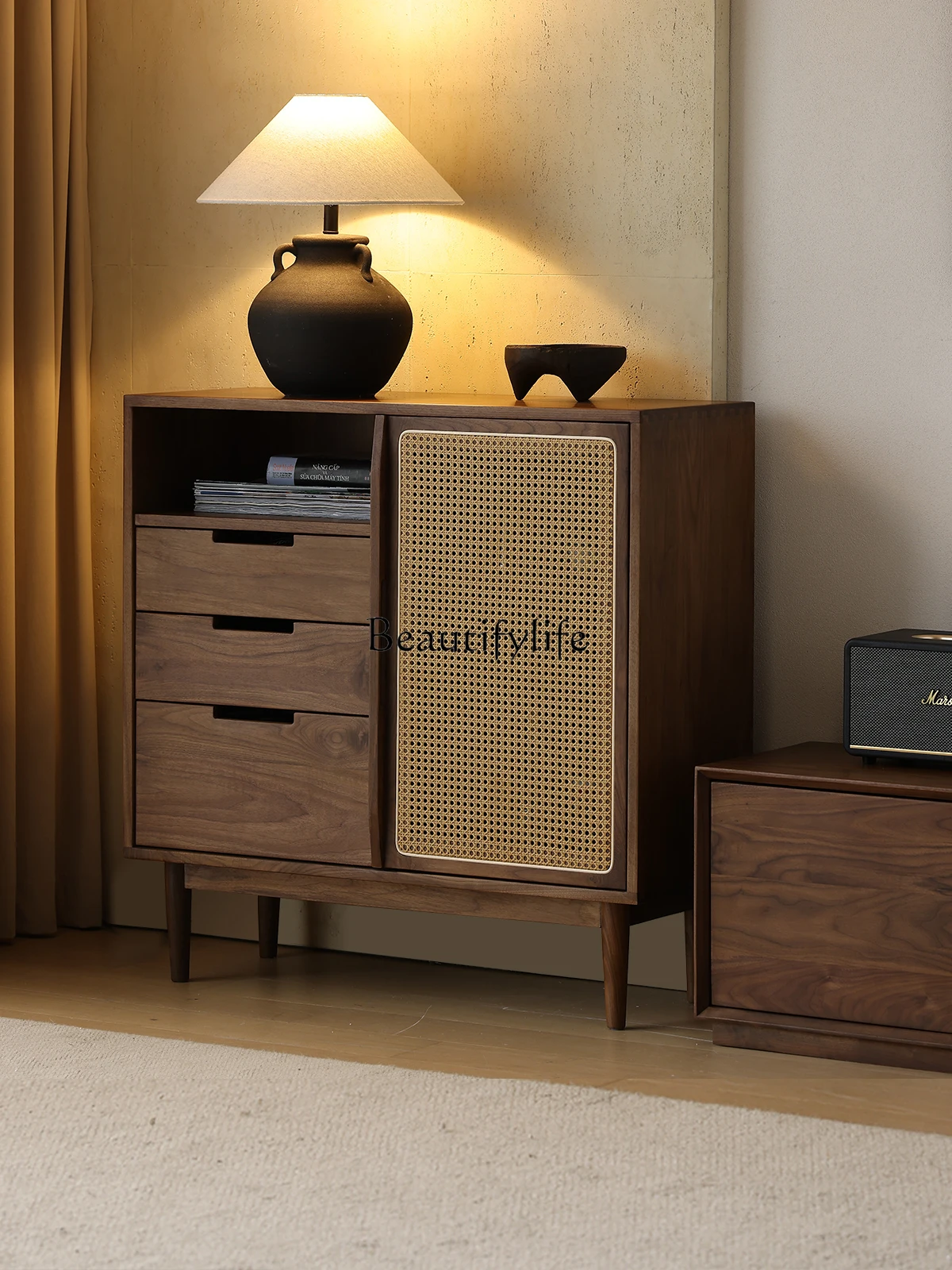 

**Североамериканский черный орех для хранения вещей из массива дерева, боковой шкаф для телевизора из ротанга в среднем и древнем стиле