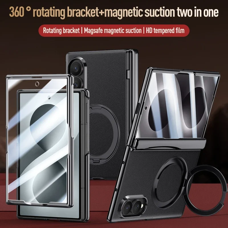 Leather Plating Hinge Protect Case for Samsung Galaxy Z Fold 8 Rotating Magnetic Bracket Tempered Glass Screen Shockproof Cover