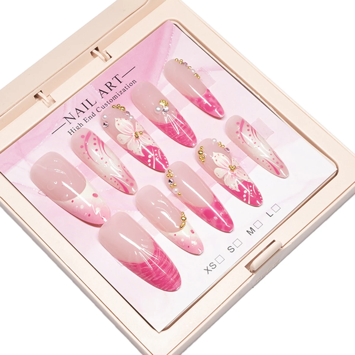 New summer arrival, 10 pieces handmade medium almond press-on nails. Featuring 3D cat eye and icy flower blue tone, this blue gr