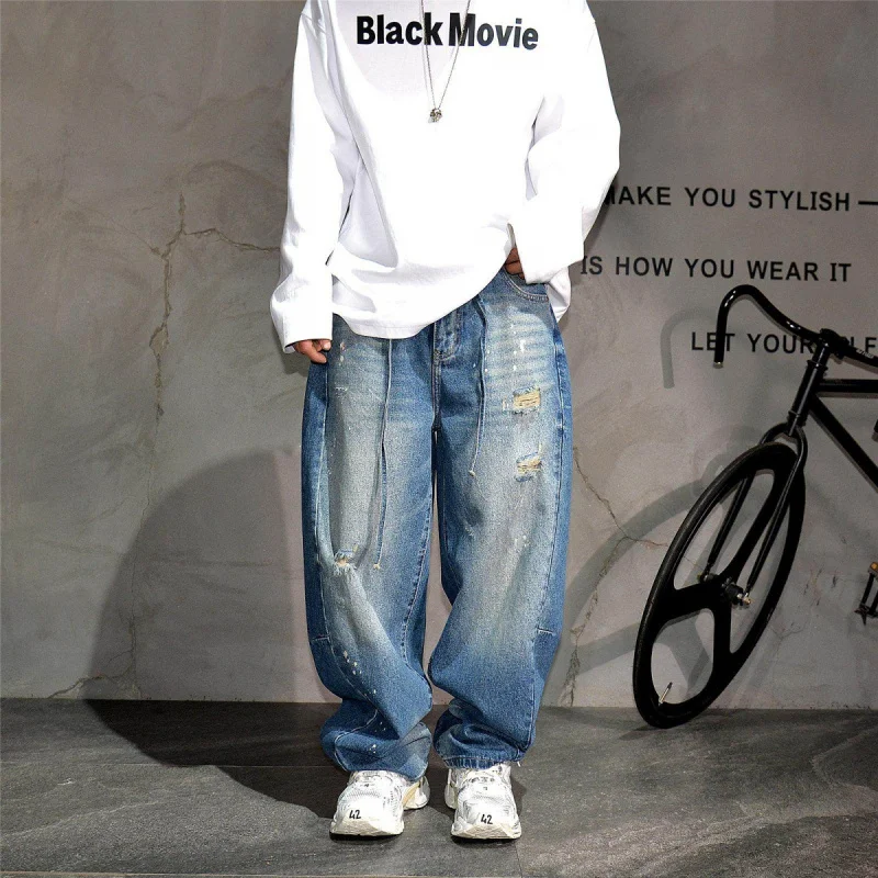 

Retro Washed Ripped Curved Straight Jeans for Men, American Streetwear Paint Splatter Loose Stacked Trousers