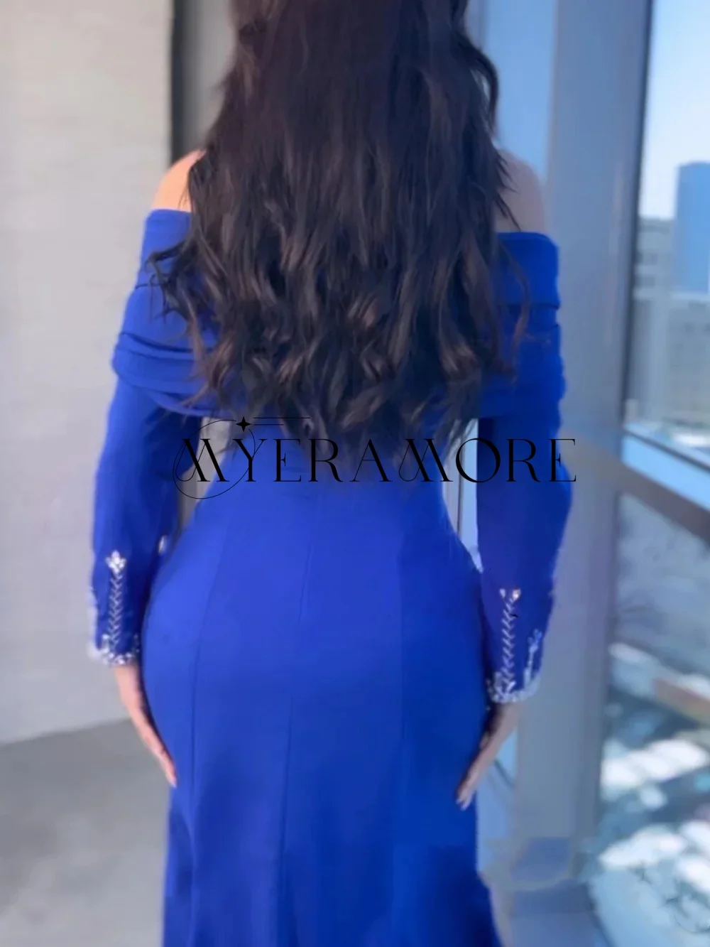 Robes de soirée élégantes, épaules dénudées, bleu, manches longues, sirène, plis perlés, robes de bal personnalisées