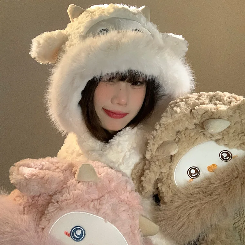 Jumping Cotton Sheep Ears Plush Hat with Moving Ears Funny Hand Pinching Airbag Magnet Soft Warm Hat Girl Winter Xmas Party Gift