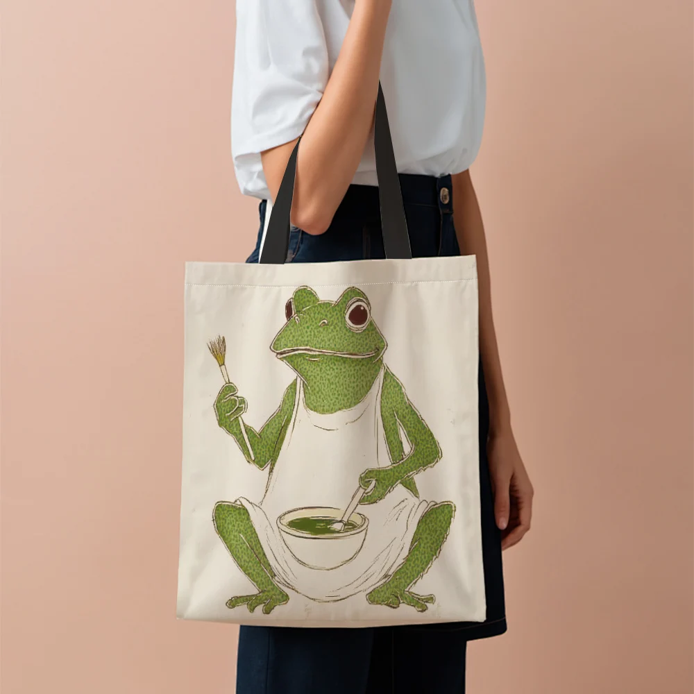 1Pc Cute Frog Tote Bag For Women Men Reusable Shopping Bag Boho Portable Shoulder Bag Perfect For Shopping Travel Work