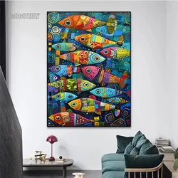 Vintage Fish Kitchen Wall Art Decor Mural Abstract Colorful Fish Art Canvas Prints Posters for Retro Home Kitchen Decor Pictures