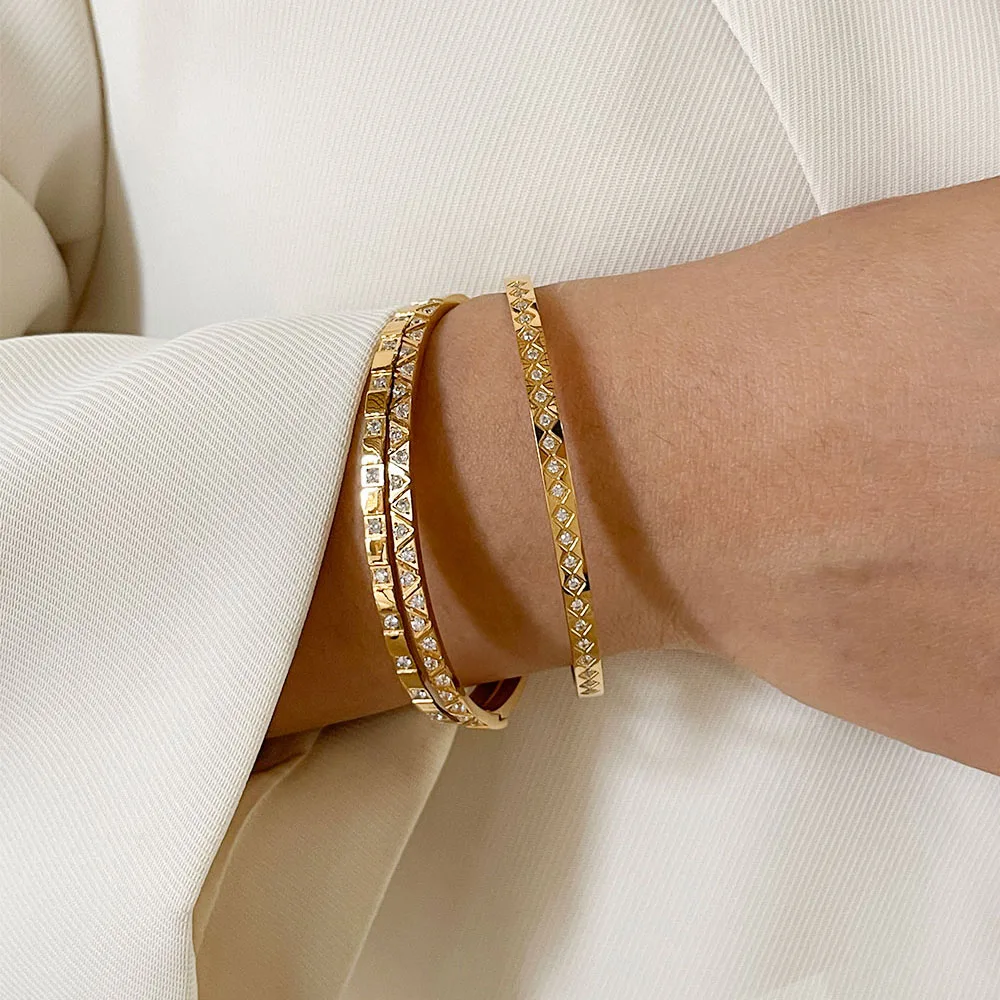 GHIDBK Water Resistant Stainless Steel 18K Pvd Gold Plated Pave Round Zircon Stackable Wrist Bangle Bracelets Women Fashion gift