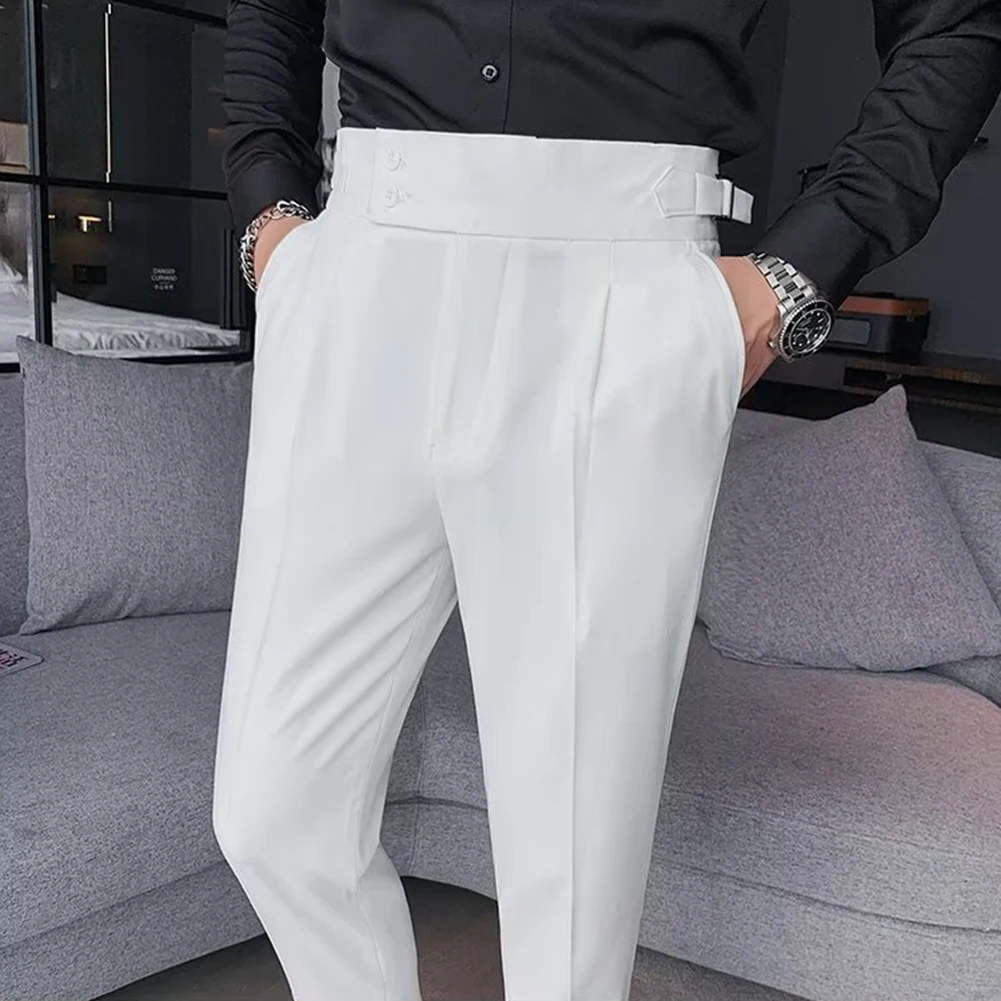 Male Men Trousers Suit Pants Spring Summer British Style Polyester S-4XL Slight Stretch Slim Straight Business