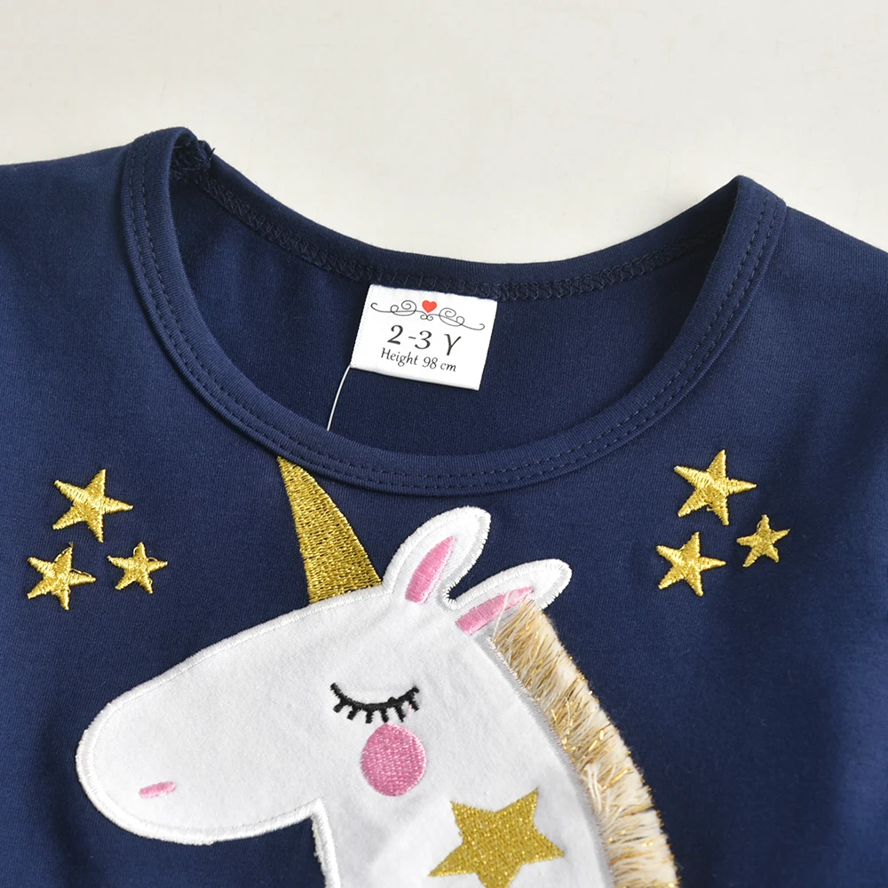 VIKITA Kids Autumn Spring Dress Girls Unicorn Star Appliqued Flare Sleeve Dress Kids Irregular Layered Birthday Party Dresses