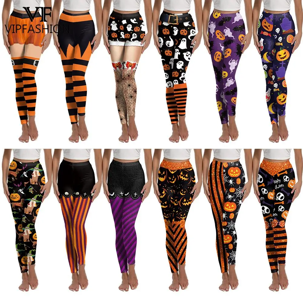VIP FASHION Women Spooky Pattern Halloween Leggings Pumpkin Stripes Graphic Pants Witchy Sexy Tight Fancy Party Trousers Workout