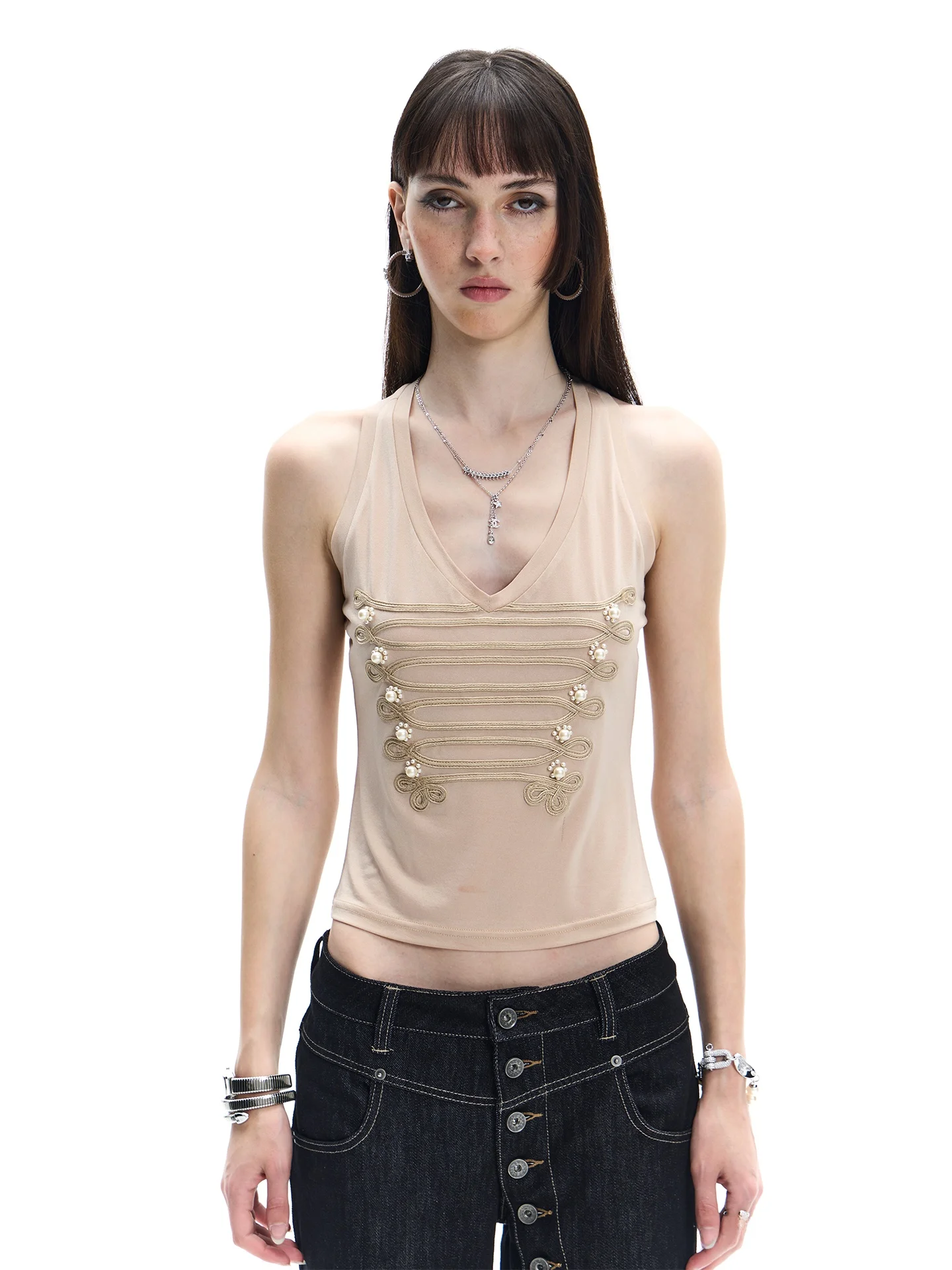 Faychui Court Style Pearl Knot Slim Fit Acetate Vest Versatile V-neck Spicy Girl Casual Top Middle-aged Retro Style Women's Vest