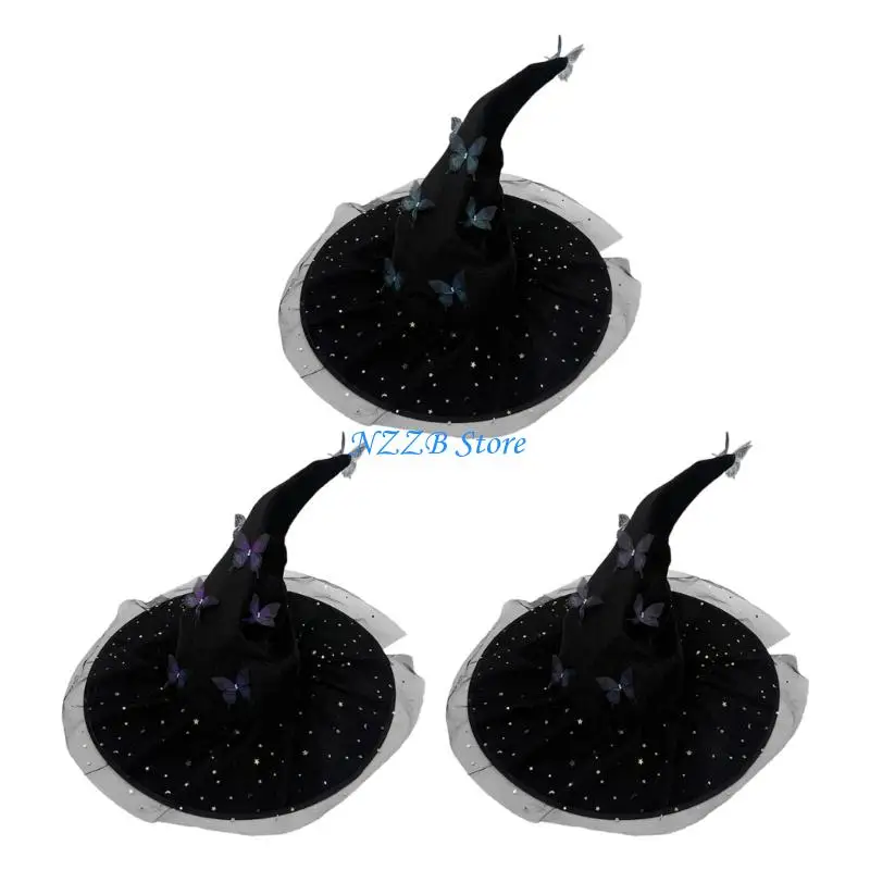 

T21F Witch Costume Hat Curved Brimmed Material With Floral Accent Halloween Role Play Accessory Multi Color