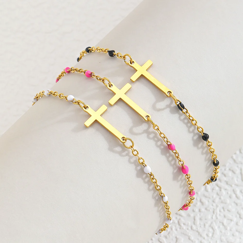 

New Fashion Stainless Steel Bracelets Link Cable Chain Cross Golden Enamel Bracelet Jewelry For Women Gifts