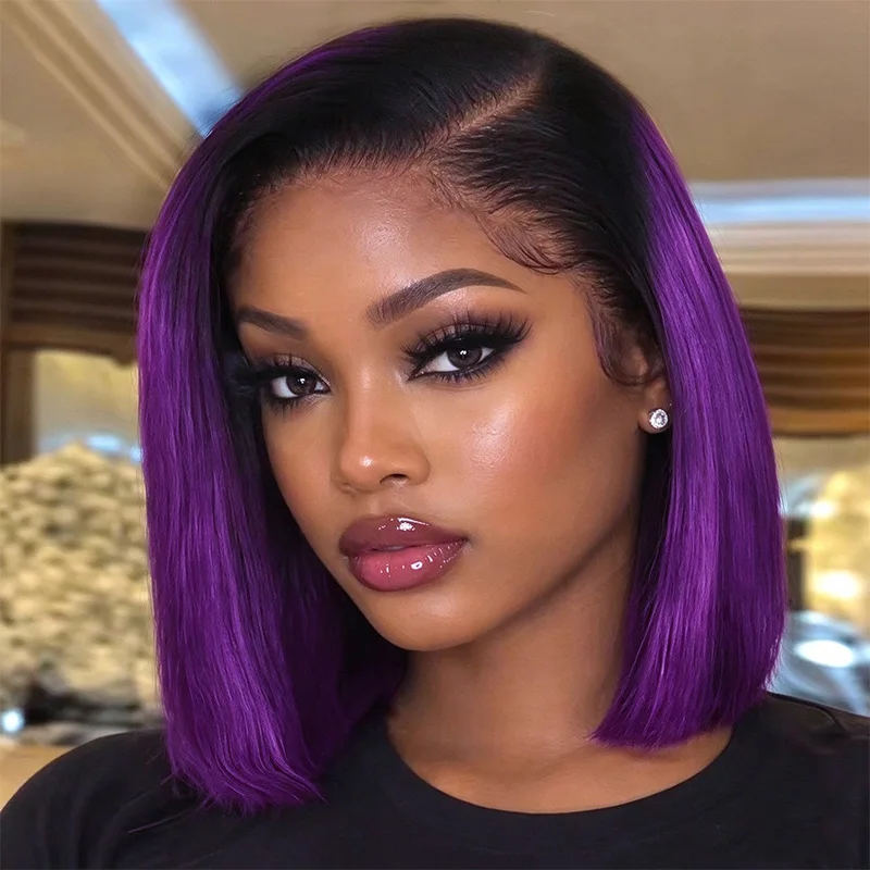 2x4 Lace Frontal Bob Wig Ombre Purple 100% Human Hair Short Straight Natural Wig suitable for Christmas Halloween and Party