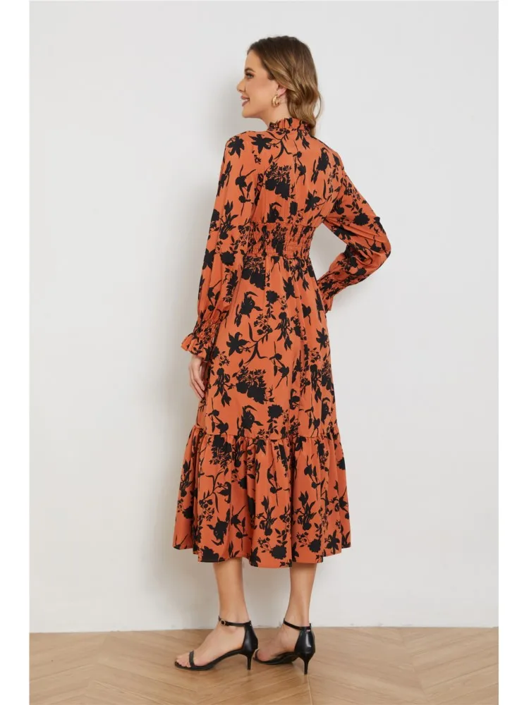 مزاجه الخامس الرقبة موضة فساتين طويلة الأزهار عالية الخصر سليم كم طويل فستان مُزين بطباعة جديد بوهيميا فساتين غير رسمية للنساء