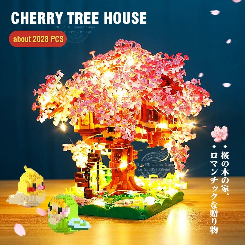 Sakura Flower Treehouse DIY Model Micro Building Block, decoraciones interiores, vista de calle creativa, ladrillo, flor de cerezo, juguete para