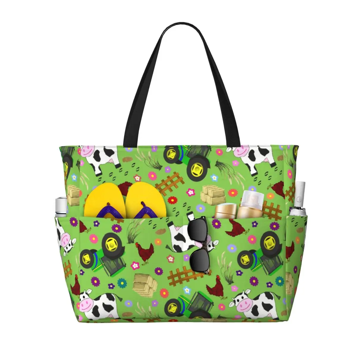Farmyard Cow And Tractor Beach Tote Bag Sport Gym Yoga Duffle Large Tote Bag Women Travel Bag Fitness bag