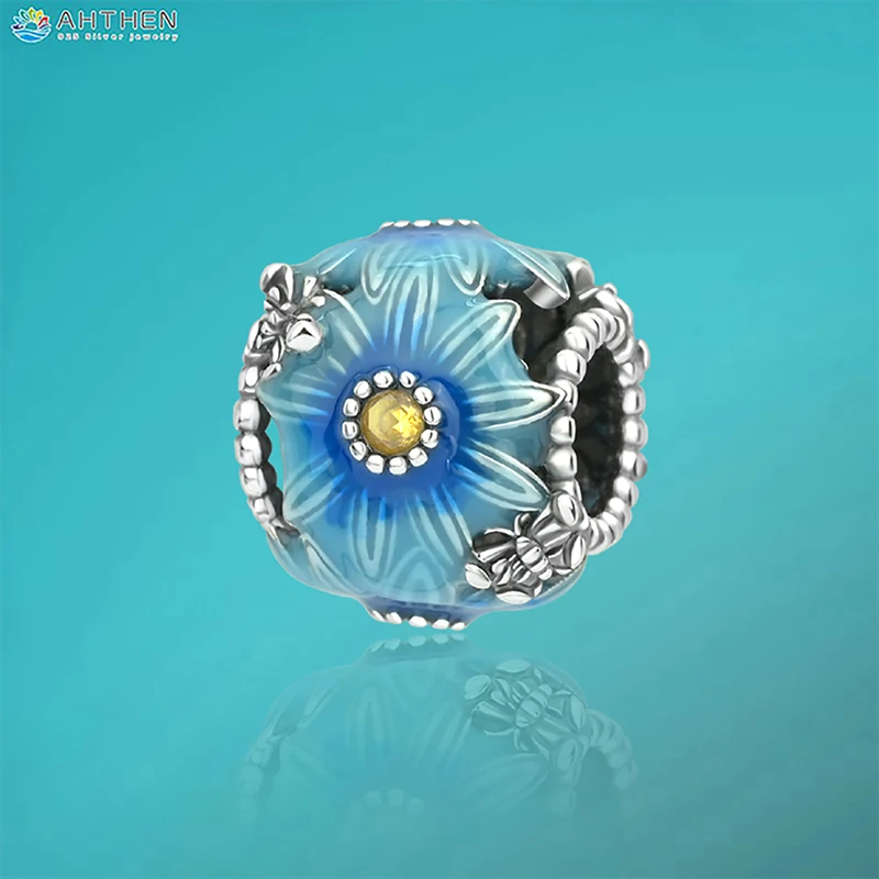 

Ahthen 925 Sterling Silver Hot Sale Beads Blue Daisy Dangle Charm fit Snake Chain Bracelets Necklaces for Women Jewelry Making