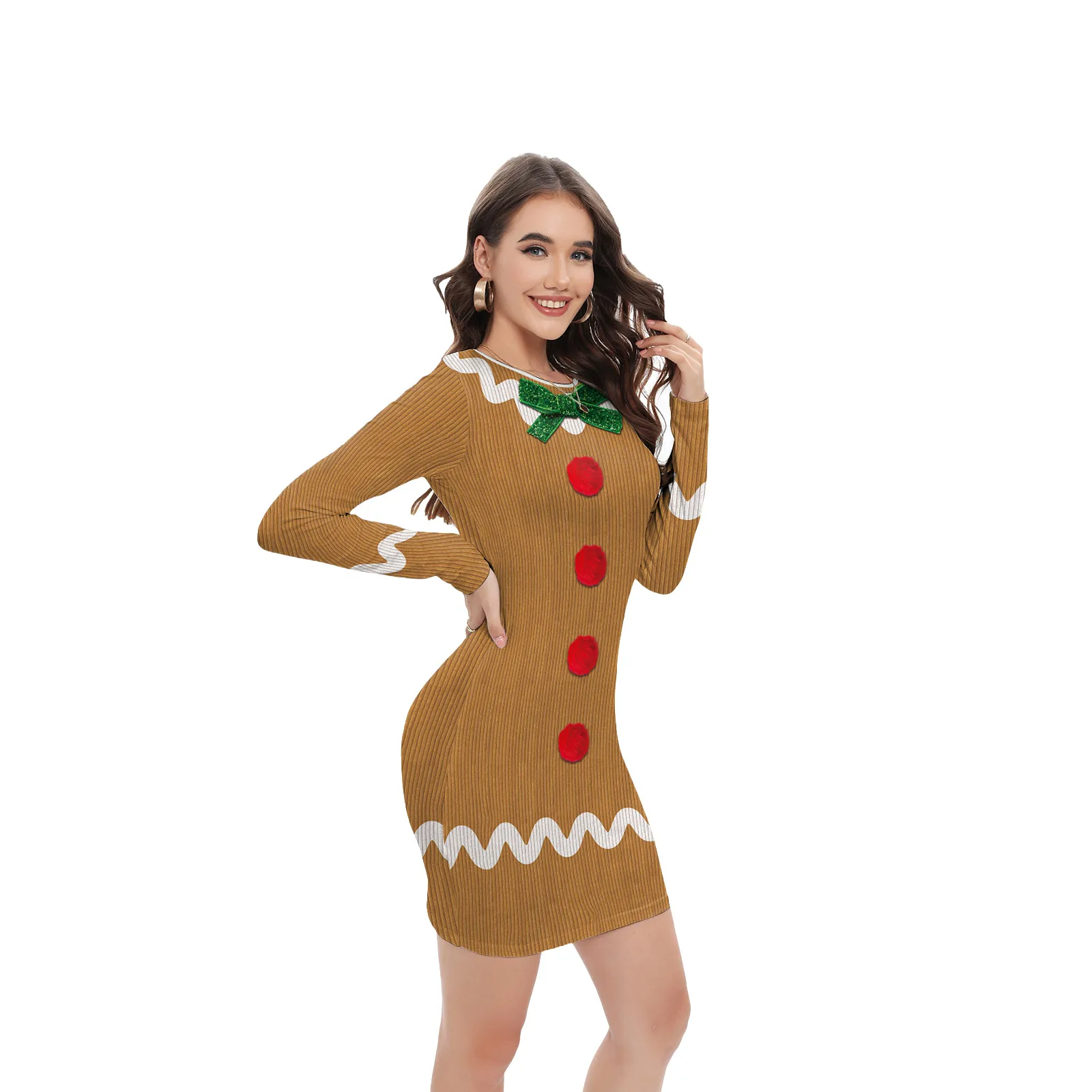 2025 جديد حفلة عيد الميلاد عيد الميلاد المرأة قزم سترة شريط فستان مُزين بطباعة بأكمام طويلة أداء الحفلات تأثيري ازياء