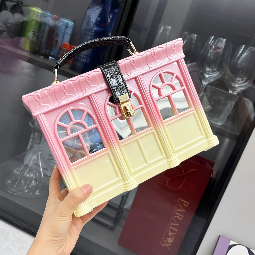 Women's Bag Acrylic Box Bag Shoulder Bag Cute Funny House Shape Crossbody Bag Portable Evening Handbag Gradien