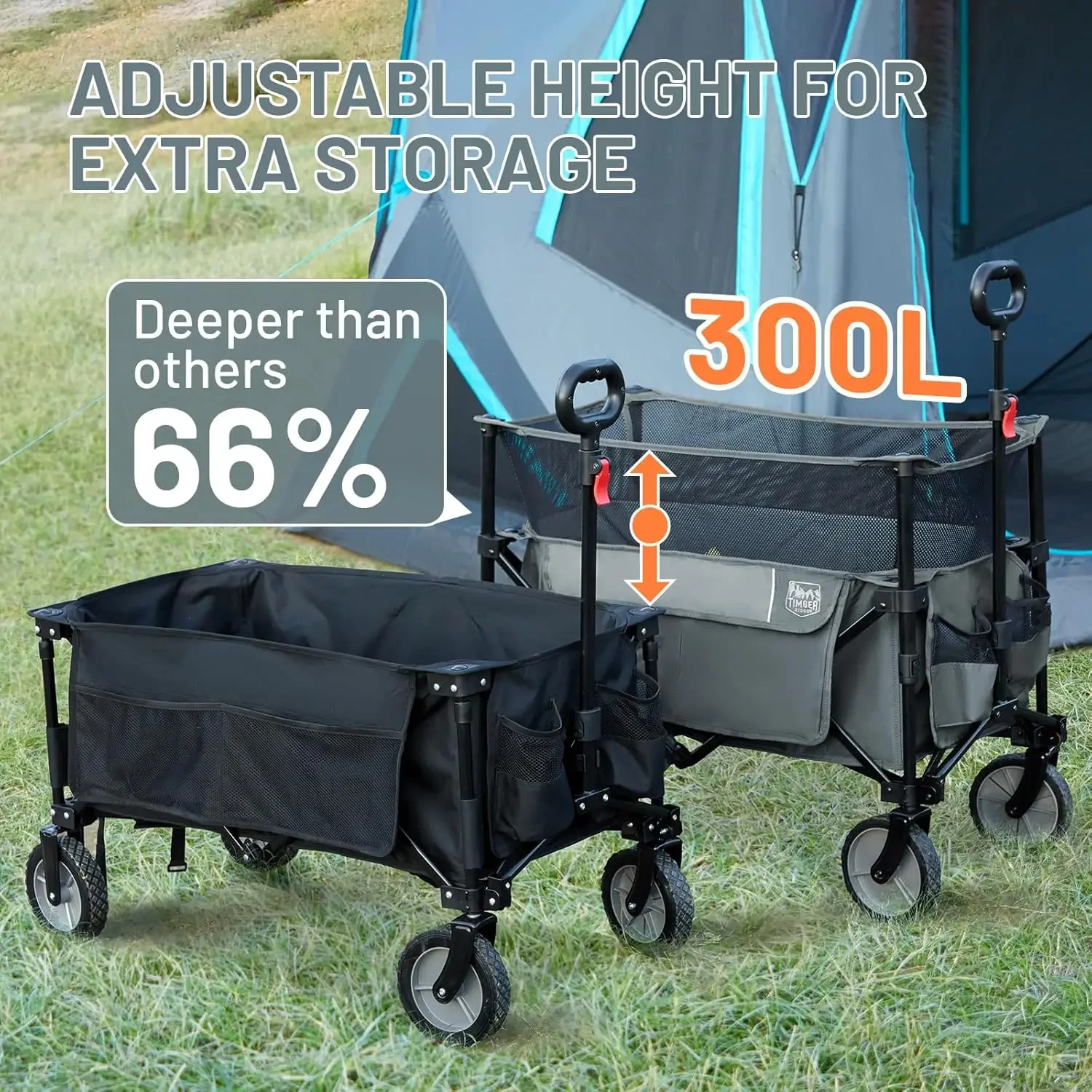 RIDGE 300L Extra Large Collapsible Folding Wagon Carts, Heavy Duty Outdoor Camping Utility Wagons with Extended Height, A