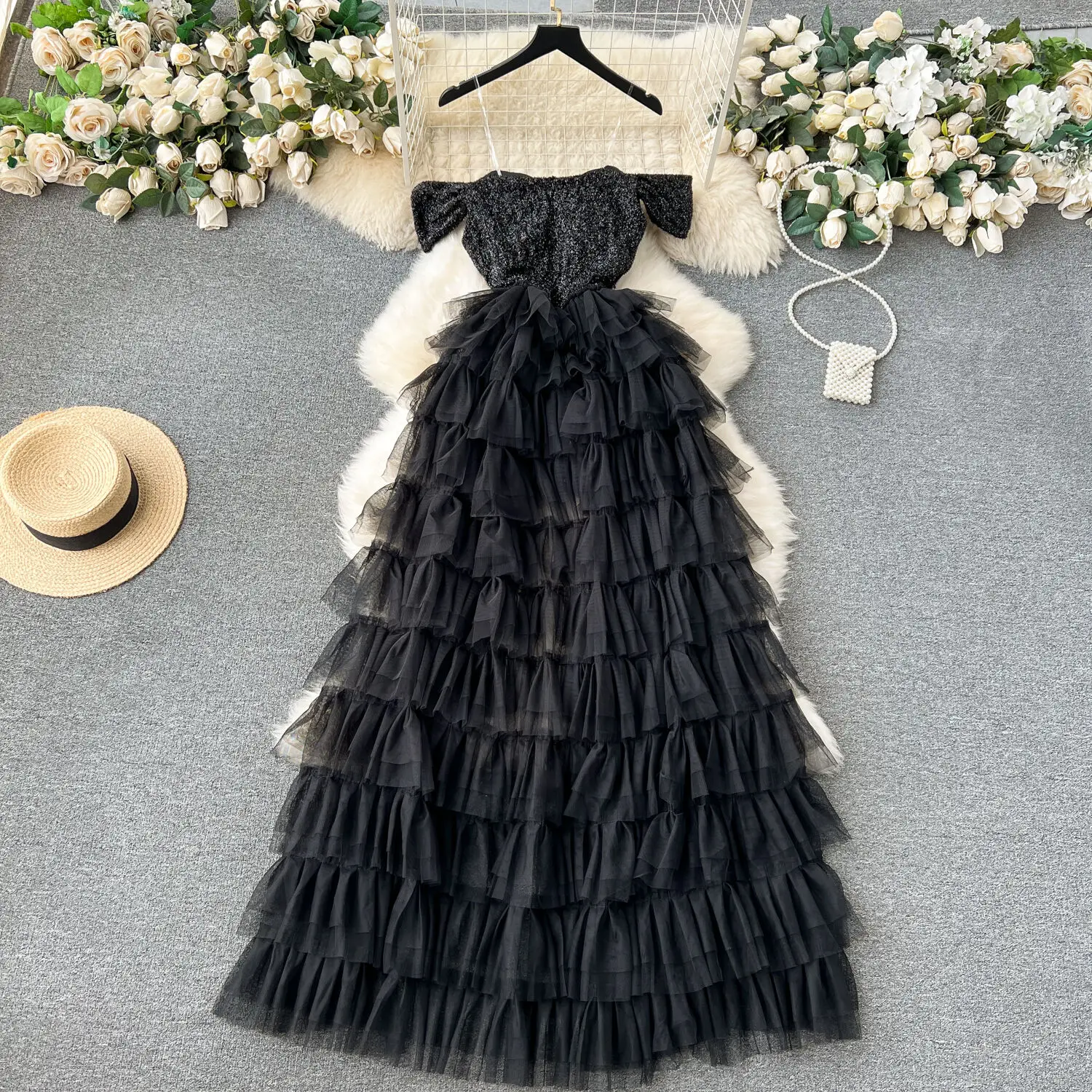 Foamlina Sexy Transparent Strap Off Shoulder Sequin Long Dress for Women Elegant Multi-layered Mesh Ruffles Evening Party Dress