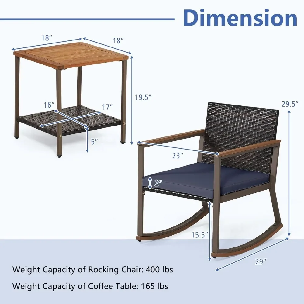 Juego de mecedora Bistro para exteriores, silla basculante con mesa de centro y cojines, muebles de ratán para Patio, juego de conversación, 3 piezas