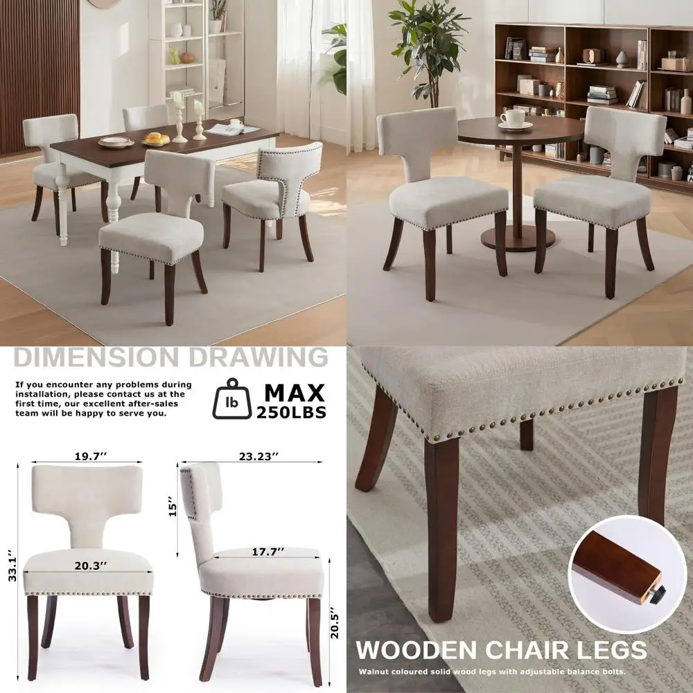 

набор из 4-х современных деревянных обеденных стульев в фермерском доме с льняной обивкой и изогнутой спинкой, подчеркнутым медными гвоздями.