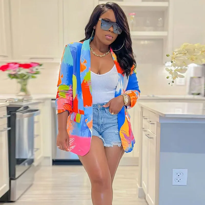 

Streetwear Tie Dye Print Blazer Coat for Women Jacket 2024 Elegant Blazers Ladies Outerwears Stylish Y2K Coats Abrigos De Mujer