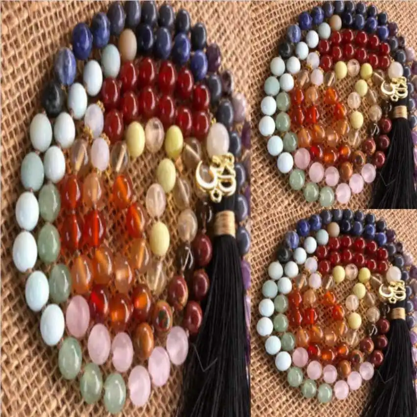 

8mm Natural 108 knot colorful gemstone beads tassels necklace Opera length Wood Beads Pendant Choker Bridal Peace Prayer