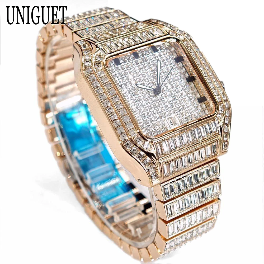 ساعة عصرية على شكل ثلج وردي للرجال فاخرة من الفولاذ المقاوم للصدأ ساعات كوارتز مربعة للرجال هيب هوب مستطيلة الماس AAA ساعة يد مجوهرات