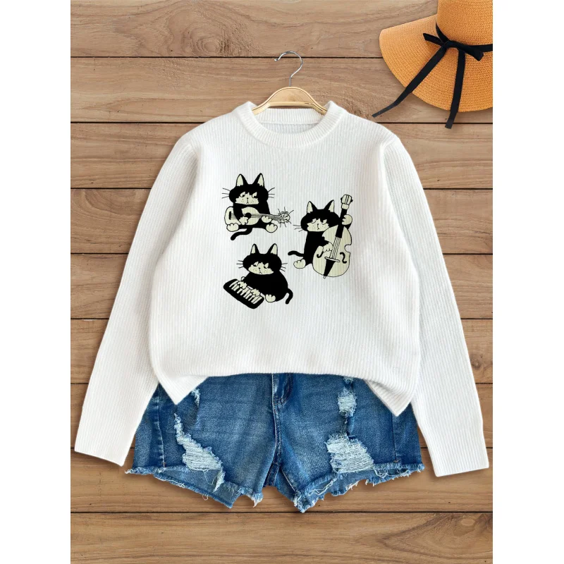 

Cat Playing Guitar Print Knit Cardigan Women's Autumn Winter Button-Up Sweater, Loose Fit, Warm Casual Fashion Gift