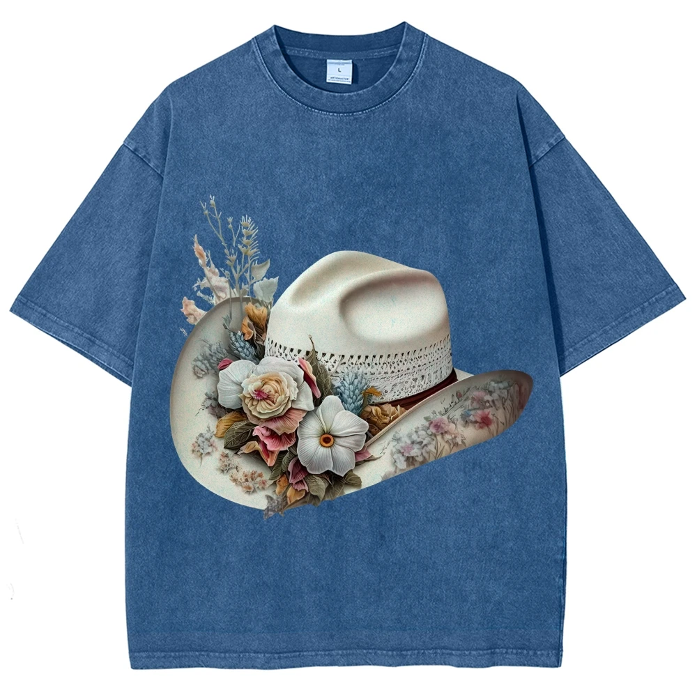 تي شيرت برسومات Y2K، قبعة على الطراز الغربي مع طباعة لهجات الأزهار، قماش ريفي وأنيق، قماش ناعم لراعي البقر - مظهر كاجوال مستوحى
