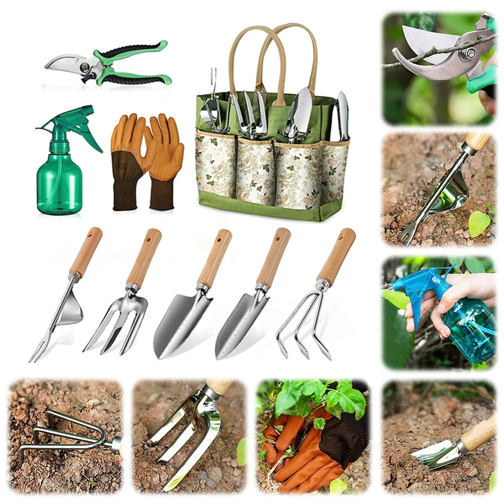 

Набор садовых инструментов 9 в 1, набор садовых инструментов из нержавеющей стали, садовые ручные инструменты, перчатки, прополка, вилка, лопата, распылитель