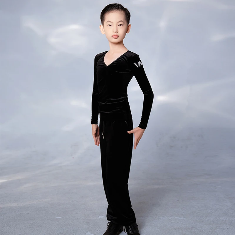 

Одежда для латинских танцев для мальчиков, зимний топ с длинными рукавами, черные тренировочные штаны, детская тренировочная одежда для ча-ча-румбы, одежда для латинских танцев 3038