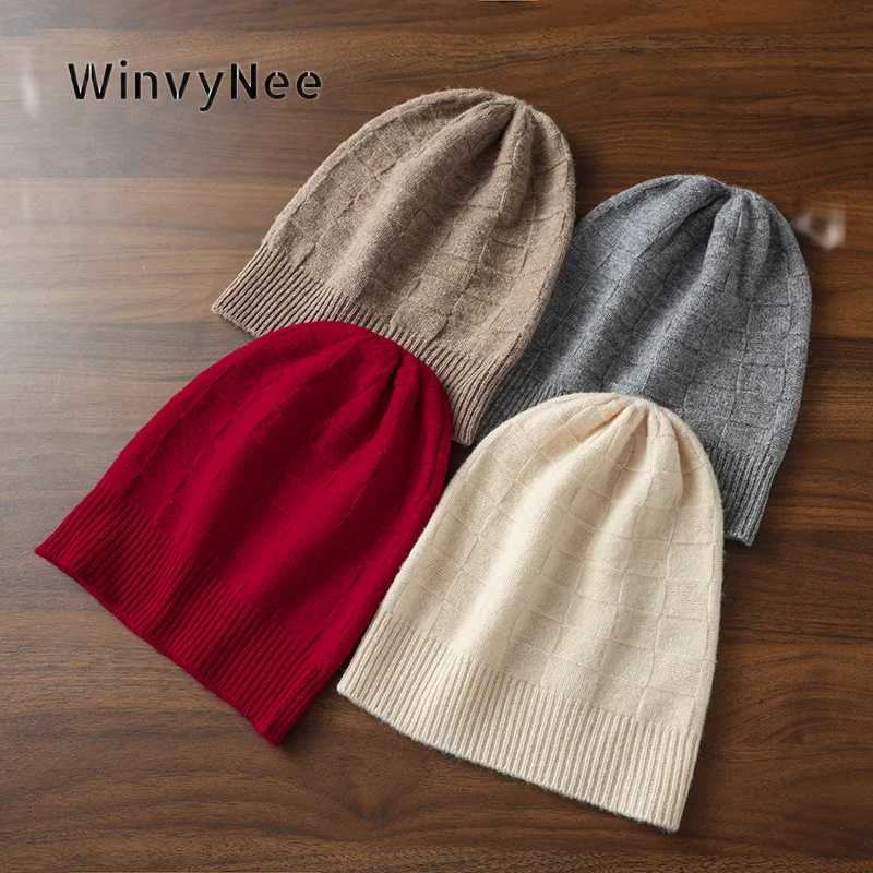 WinvyNee Women 100% Wool Checkerboard Knit Beanie Skullcap Pullover Cap Autumn Winter Warm Soft Jacquard Fine Headwear I1883030