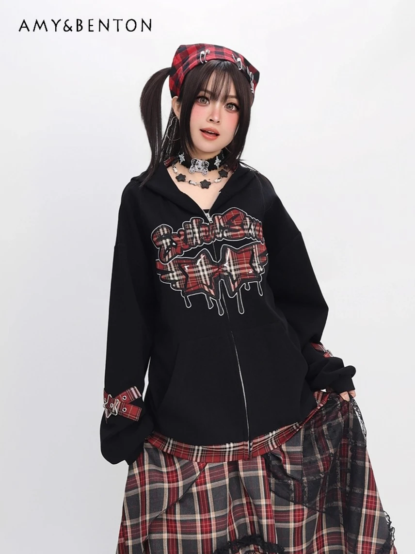 

College Style Spicy Girl Gothic Heavy Embroidery Subculture Loose Hooded Sweatshirt Sweet Cool Japanese Zip Up Hoodie Women