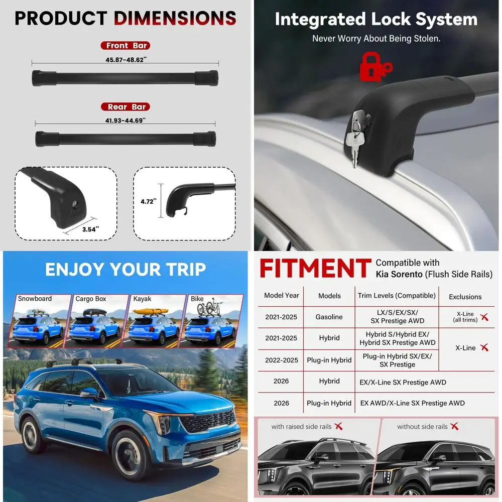 

Heavy-Duty Lockable Aluminum Crossbars for 2021-2026 Kia Sorento & Hybrid, Compatible with Flush Rails, Roof Rack Cargo Carrier
