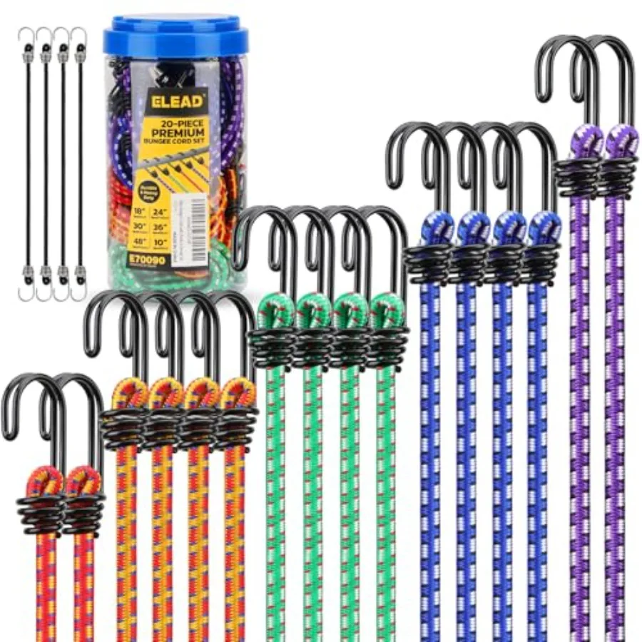 

Bungee Cords Heavy Duty Outdoor: 20 Pcs Premium Rubber Bungee Cords with Hooks in a Storage Jar Includes 10" 18" 24" 30" 36" 48