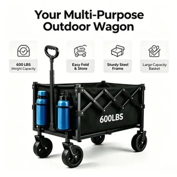 Heavy Duty Collapsible Folding Wagon Cart Outdoor All Terrain Utility Trolley with 4 Wheels Portable Beach Cart Large Capacity Hand Truck for Camping Gardening Picnic Grocery Shopping