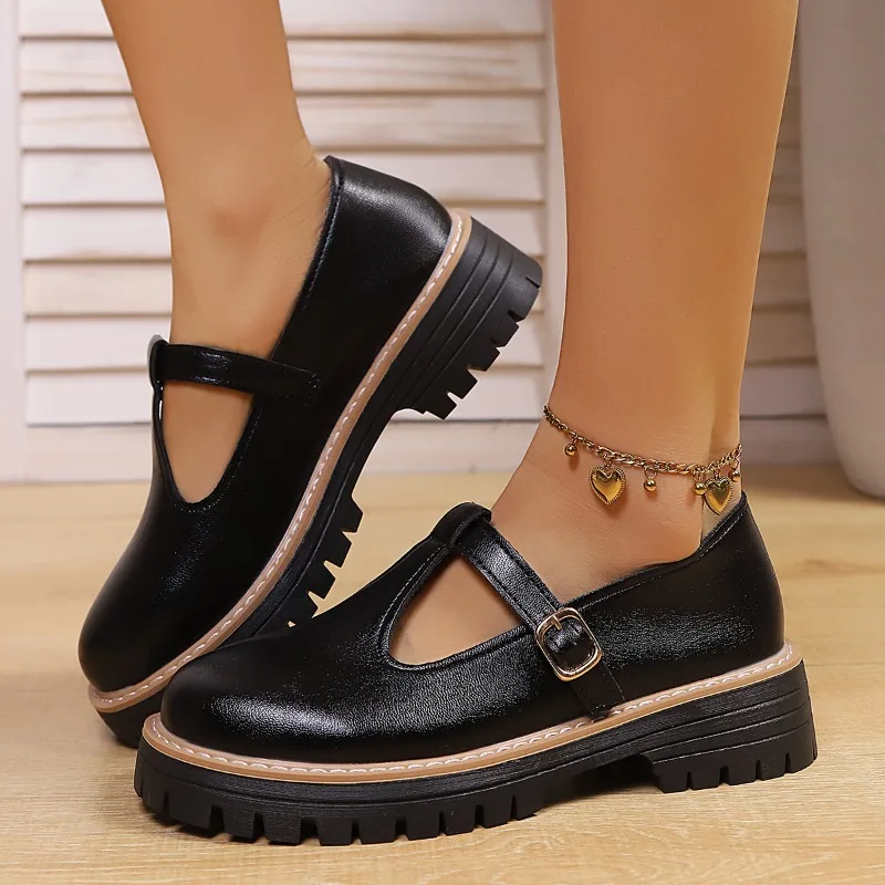 

Solid Color Mary Jane Platform Shoes Woman 2025 Buckle Strap Pu Leather Casual Shoes Woman Thick Sole Student Jk Uniform Shoes