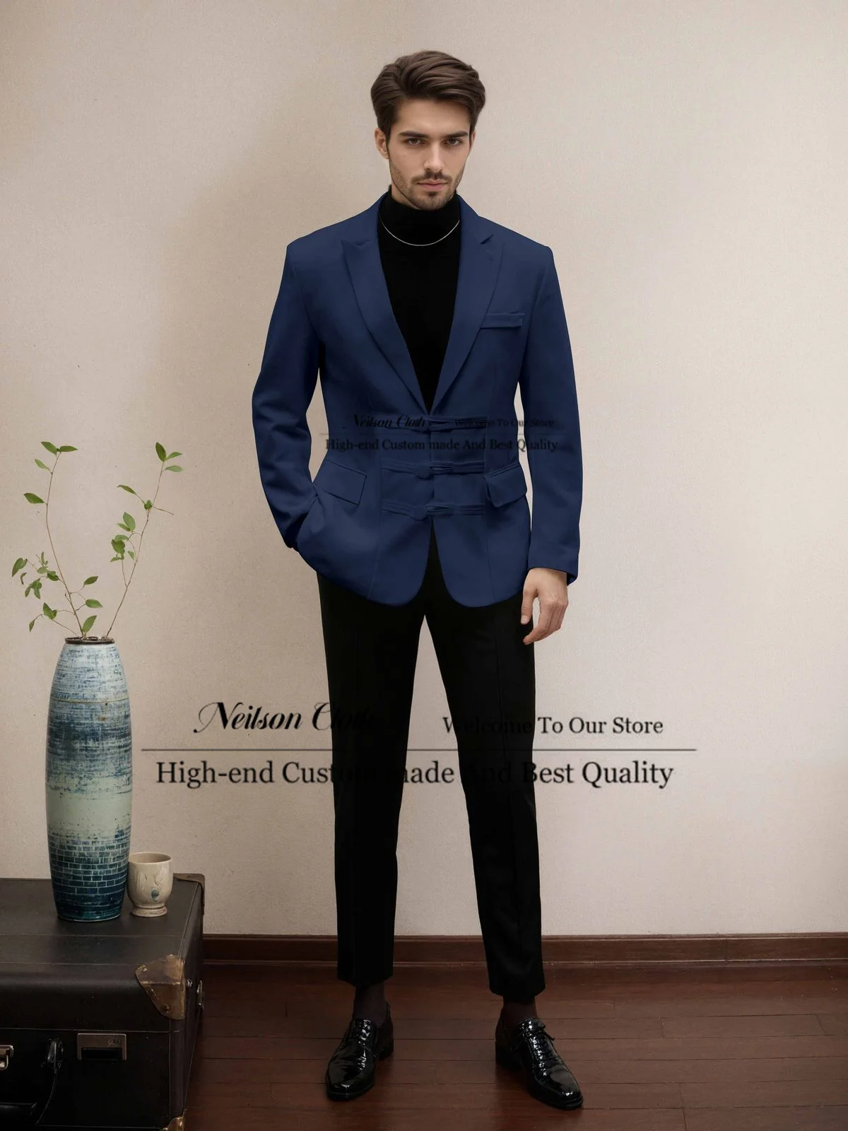 

Blue Jacket Male Prom Blazers 2 Pcs Sets Notched Lapel Groom Wedding Tuxedos For Men Black Pants Customized Terno Masculino