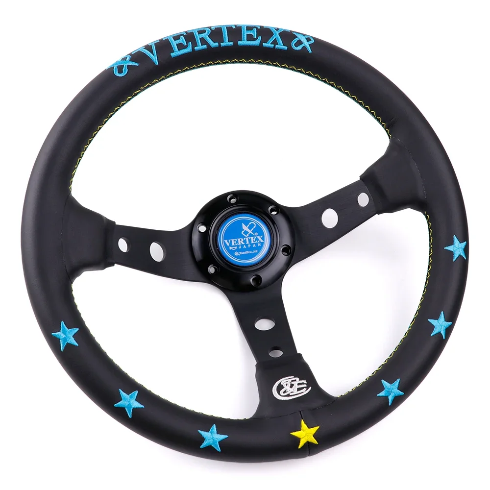 Embroidery 13inch Vertex Black Genuine Leather Deep Dish Drift Sport Steering Wheel