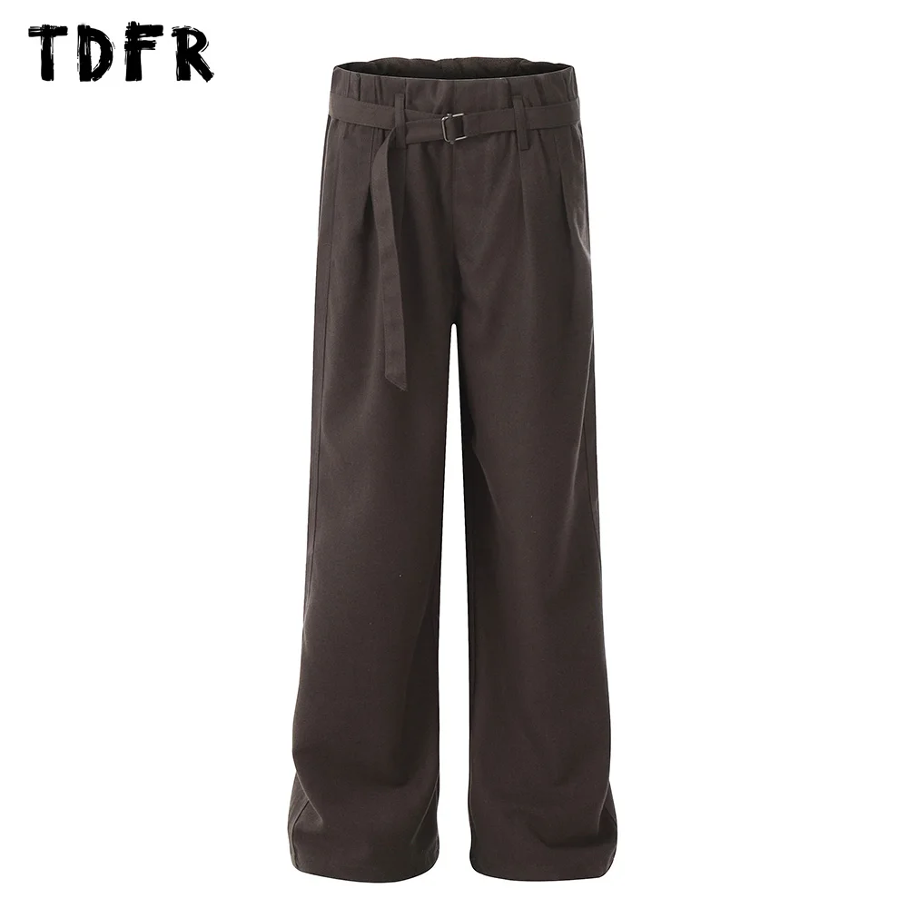 

Solid Color Casual Suit Pants Mens with Belt Retro Streetwear Loose Wide Leg Trousers Men