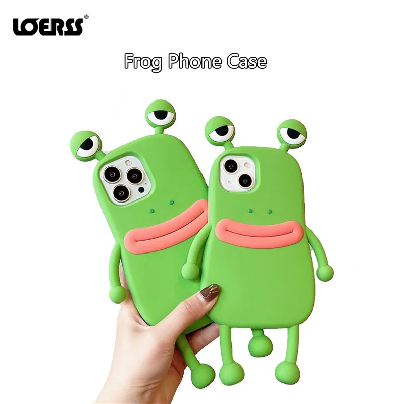 

LOERSS 3D Frog Cartoon Phone Cases Cute Green Rubber Soft Phone Covers TPU Dustproof Phone Case for iPhone 14 12 13 11 X ProMax
