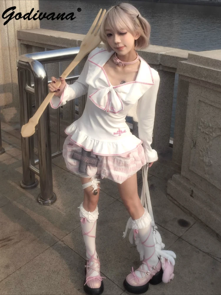 

New Spring Gothic Square Neck Big Bow Embroidery Slim Top Long Sleeve T-Shirt Pink Striped Cross Bud Pumpkin Lantern Skirt Pants