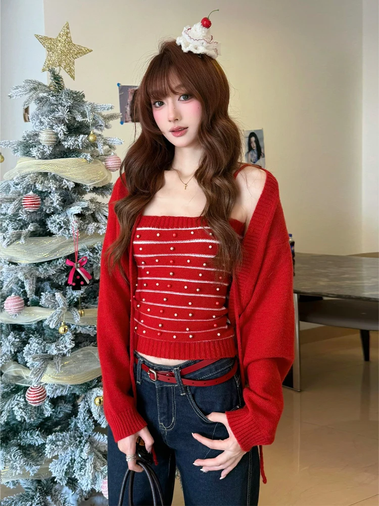 

New Year Aosphere Knitted Sweater Cardigan Set Women's Autumn Winter Stripe Knitted Tube Top Vest Red Top Two Piece Set