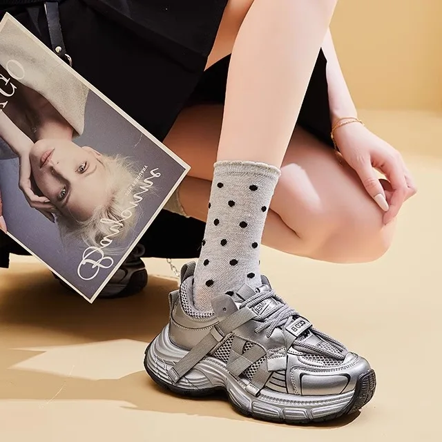 

Trendy Thick Bottomed Genuine Leather Dad Shoes for Women Fashionable Korean Style Sporty Casual Shoes round Toe Flat Heel