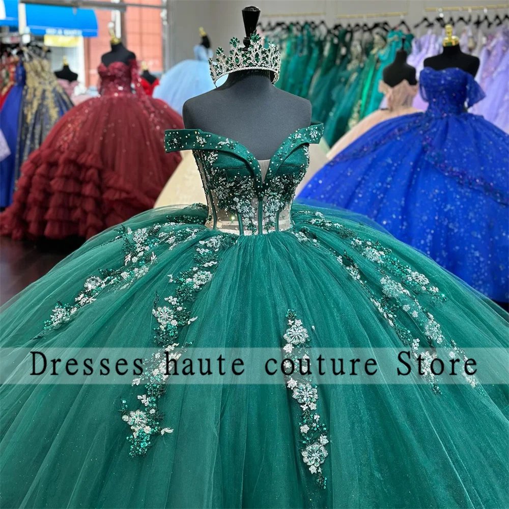 Emerald Green Lace Appliques Quinceanera Dresses Ball Gown 2024 Off Shoulder Beaded Princess Sweet 16 Dress For 15 Year Old